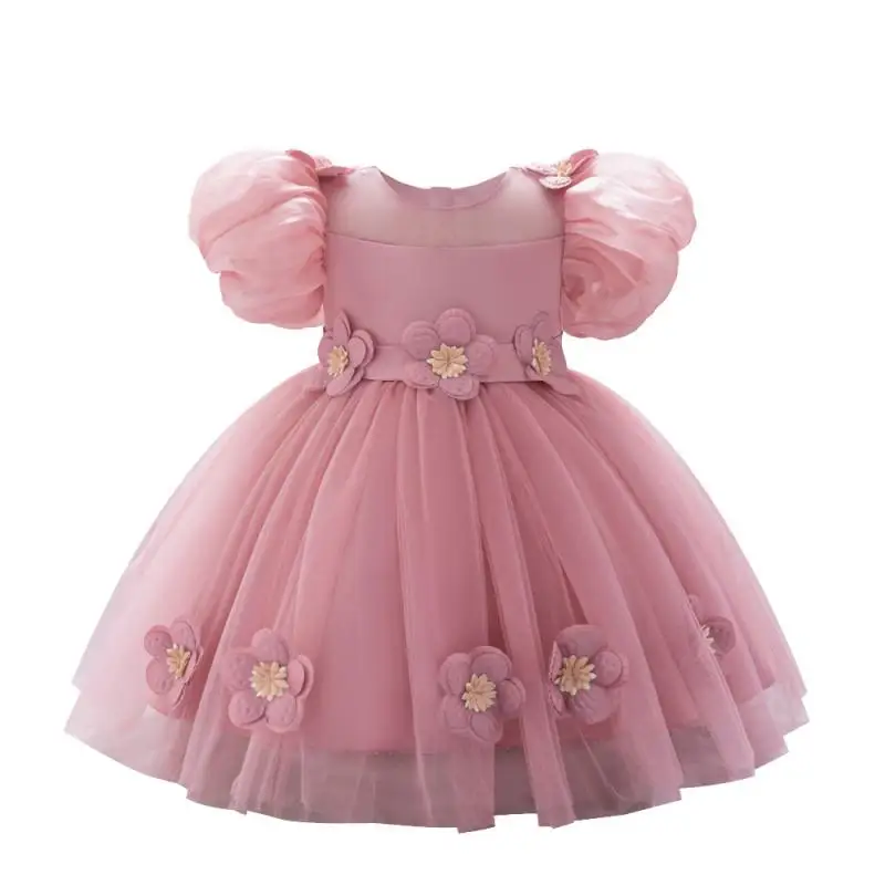 Baby and Girl\'s New Sticker Bubble Sleeve Bow Sweet and Cute Fashionable Mesh Princess Dress Christmas Wedding Flower Girl Dress