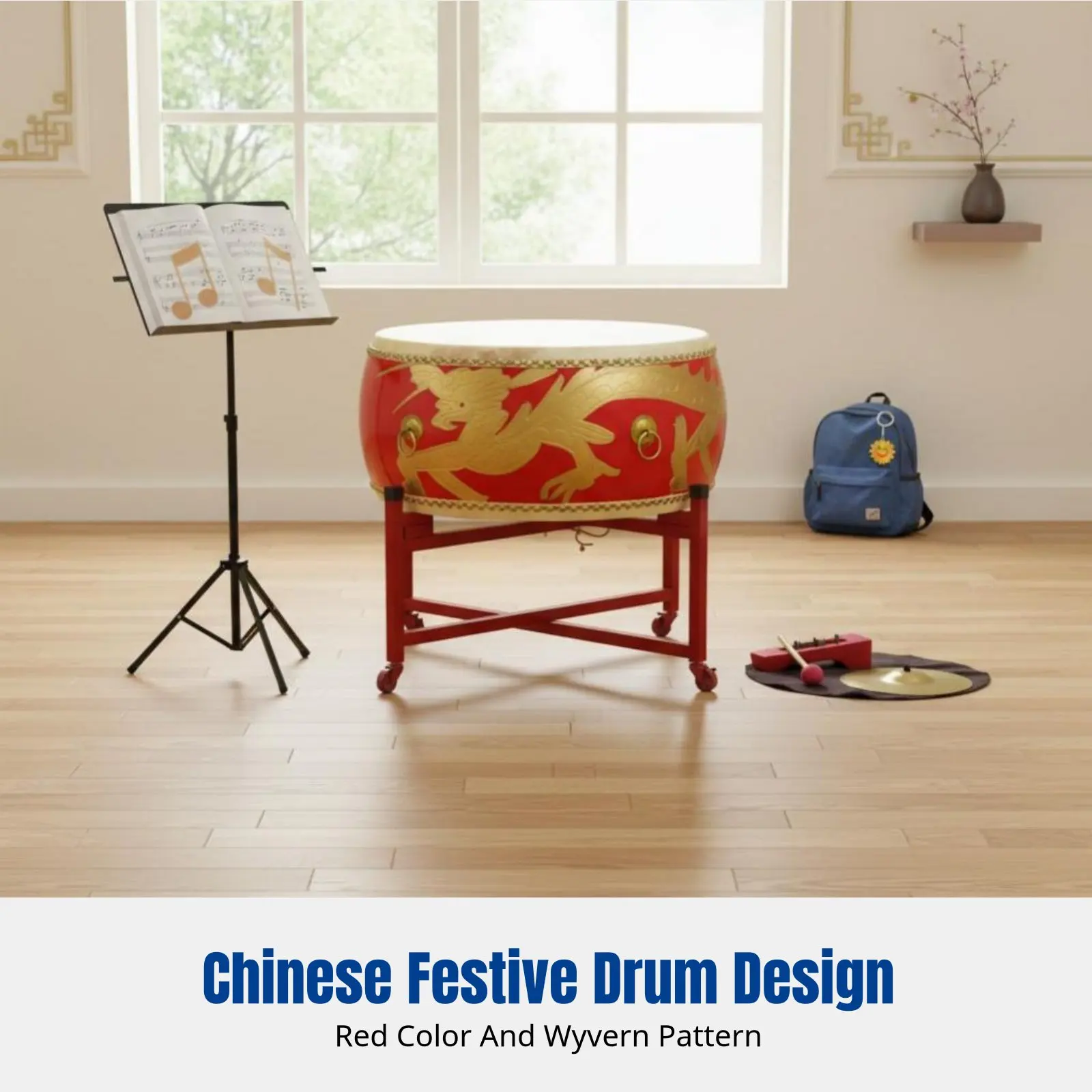 

Cowhide Drum, Flat Drum, Yang Wood, Red, For Adults & Children, Dance, Teaching, Event, Percussion