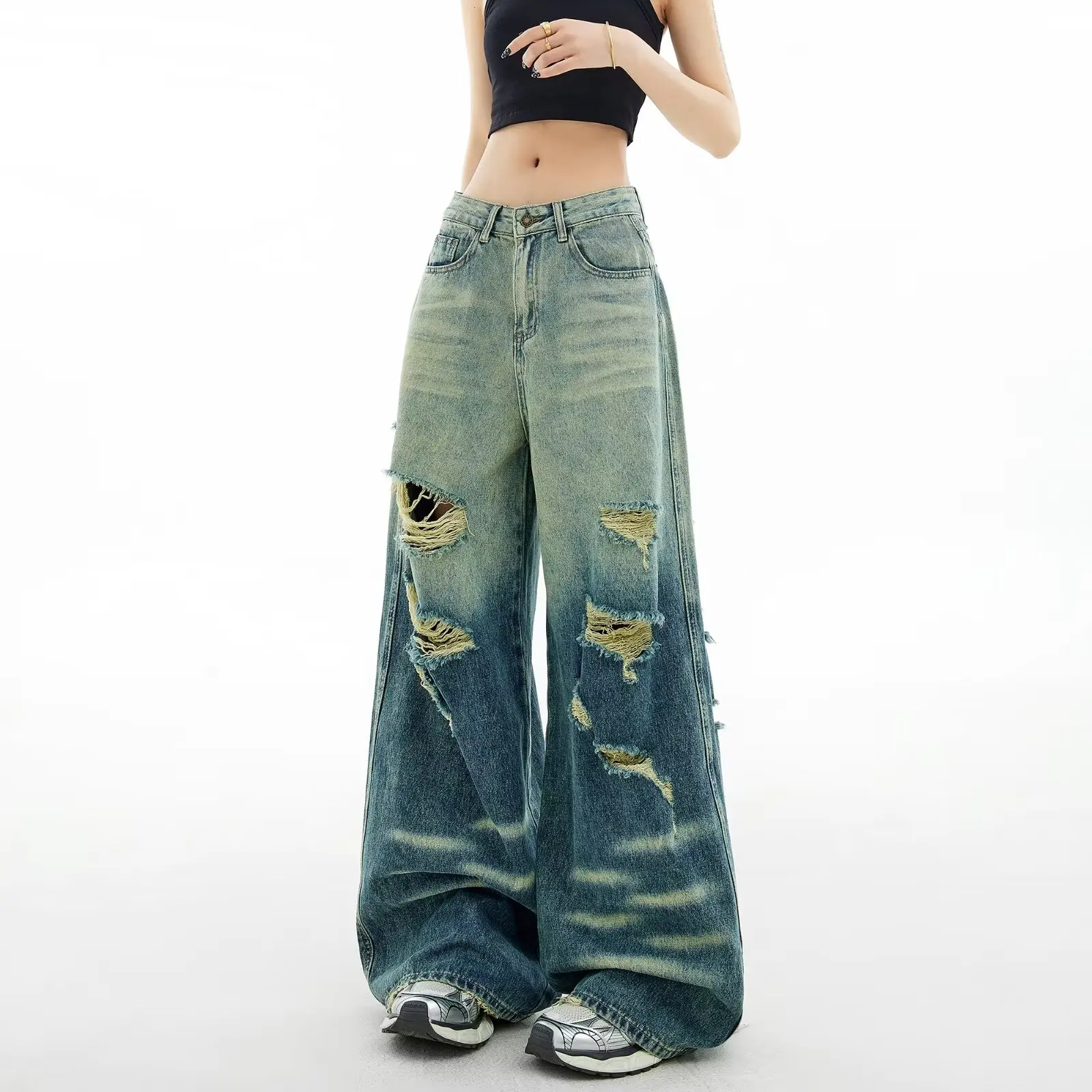 

American Retro Hole-punched Jeans Women High Waist Straight-crotch Loose Streetwear Jeans Vibe Wide-leg Dragging Denim Pants