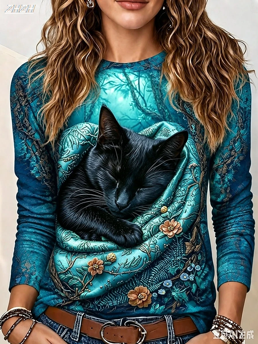 Women Sleeping Black Cat Retro Floral Print Long Sleeve T‑Shirt Crew Neck Casual Fall Graphic Top