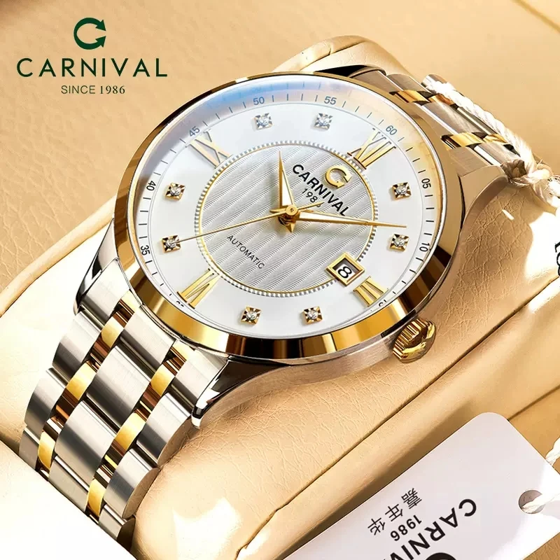 

Carnival Brand Luxury Sapphire Glass Mechanical Watch for Men Stainless Steel Waterproof Calendar Fashion Automatic Watches Mens