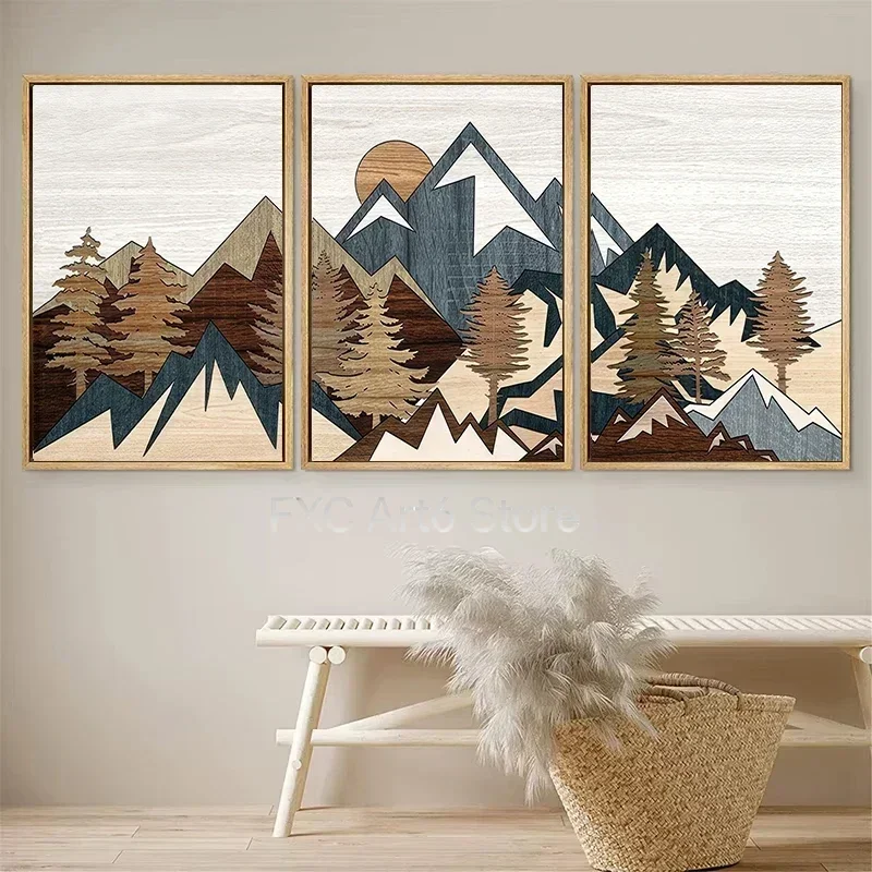 3pcs frameless --Nordic Natural Landscape Poster Mountains Hills Art Painting Wood Panel Effect Canvas Painting Living Room Home