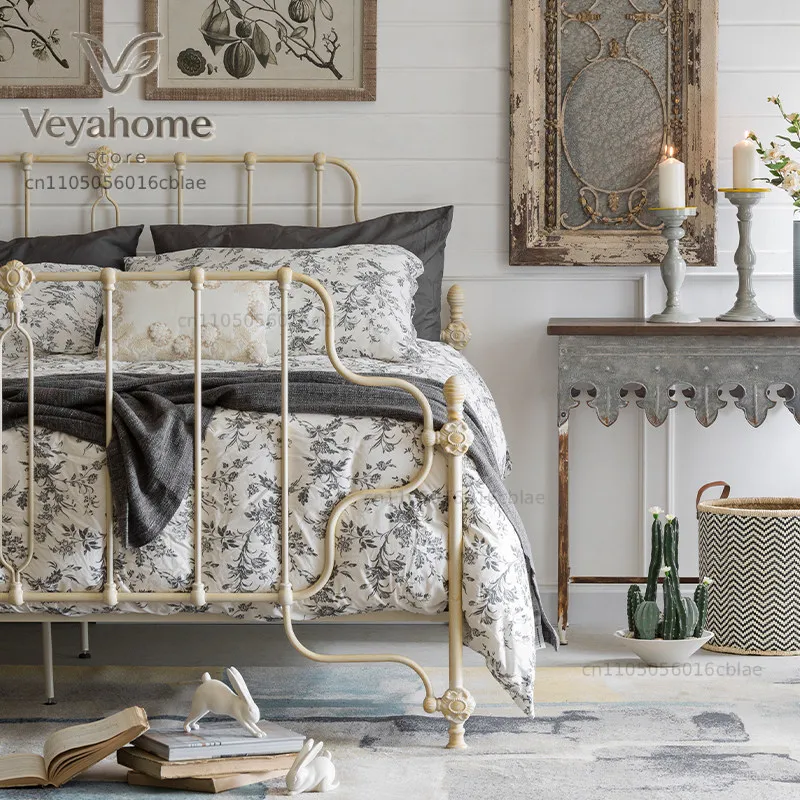 Muebles de exportación, cama de hierro forjado de la serie Vienne francesa, súper hermosa, cama doble de 150/180 cm, color blanco antiguo