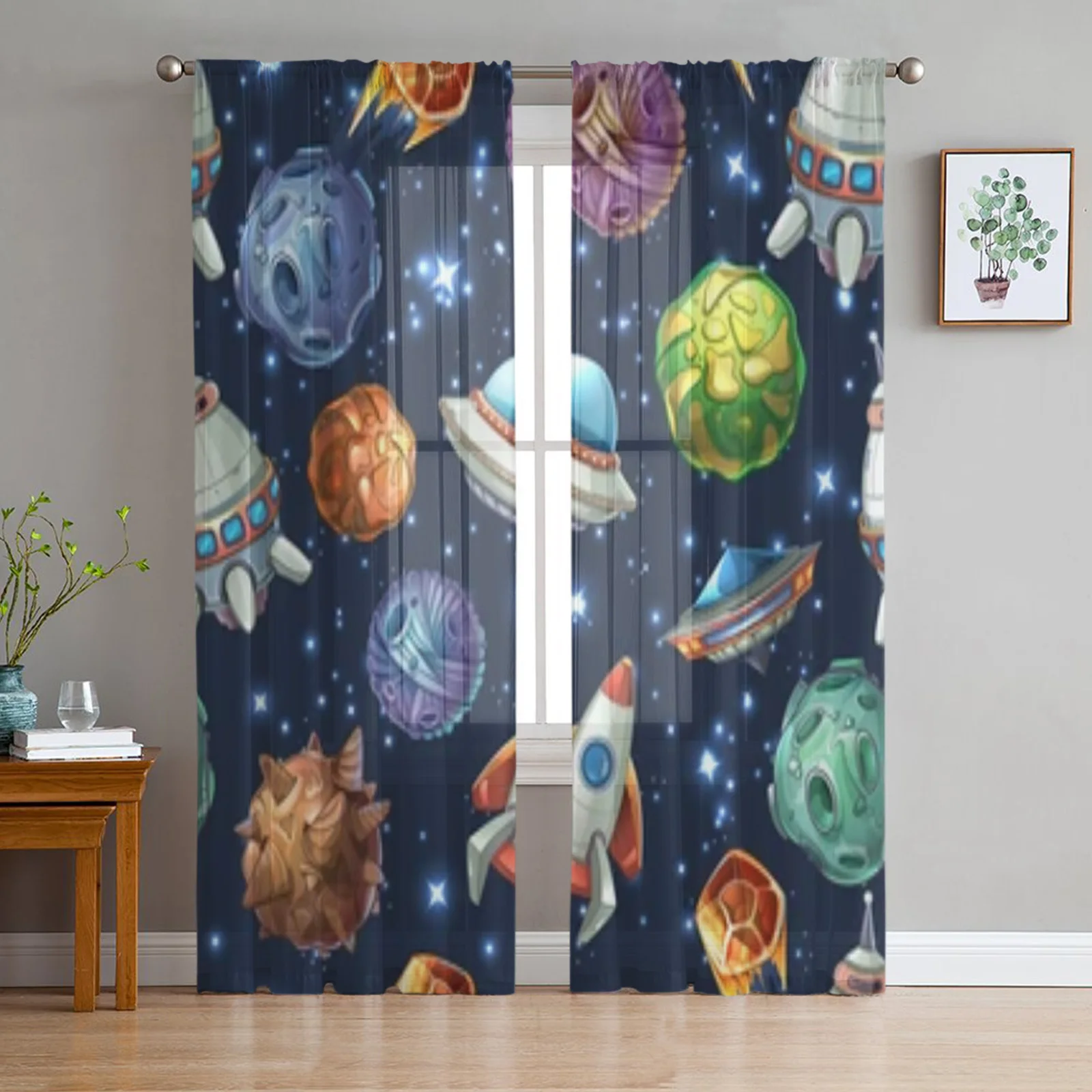 Rocket Cartoon Sheer Window Curtains For Living Room Bedroom Modern Voile Tulle Curtains Fabric Drapes For Kitchen