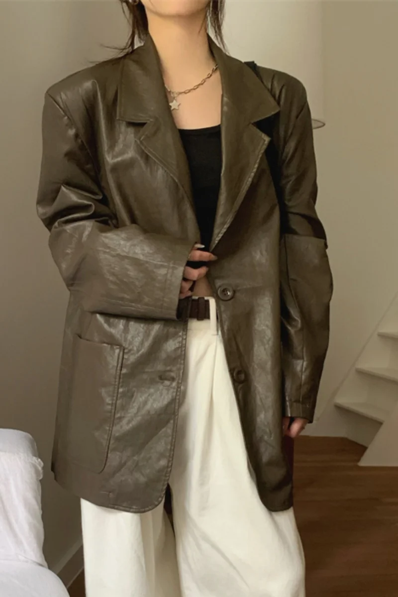 Alien Kitty Classic Women PU Jackets Autumn Chic Loose New Fashion Oversize OL High Street Minimalist Blazers Daily Vintage