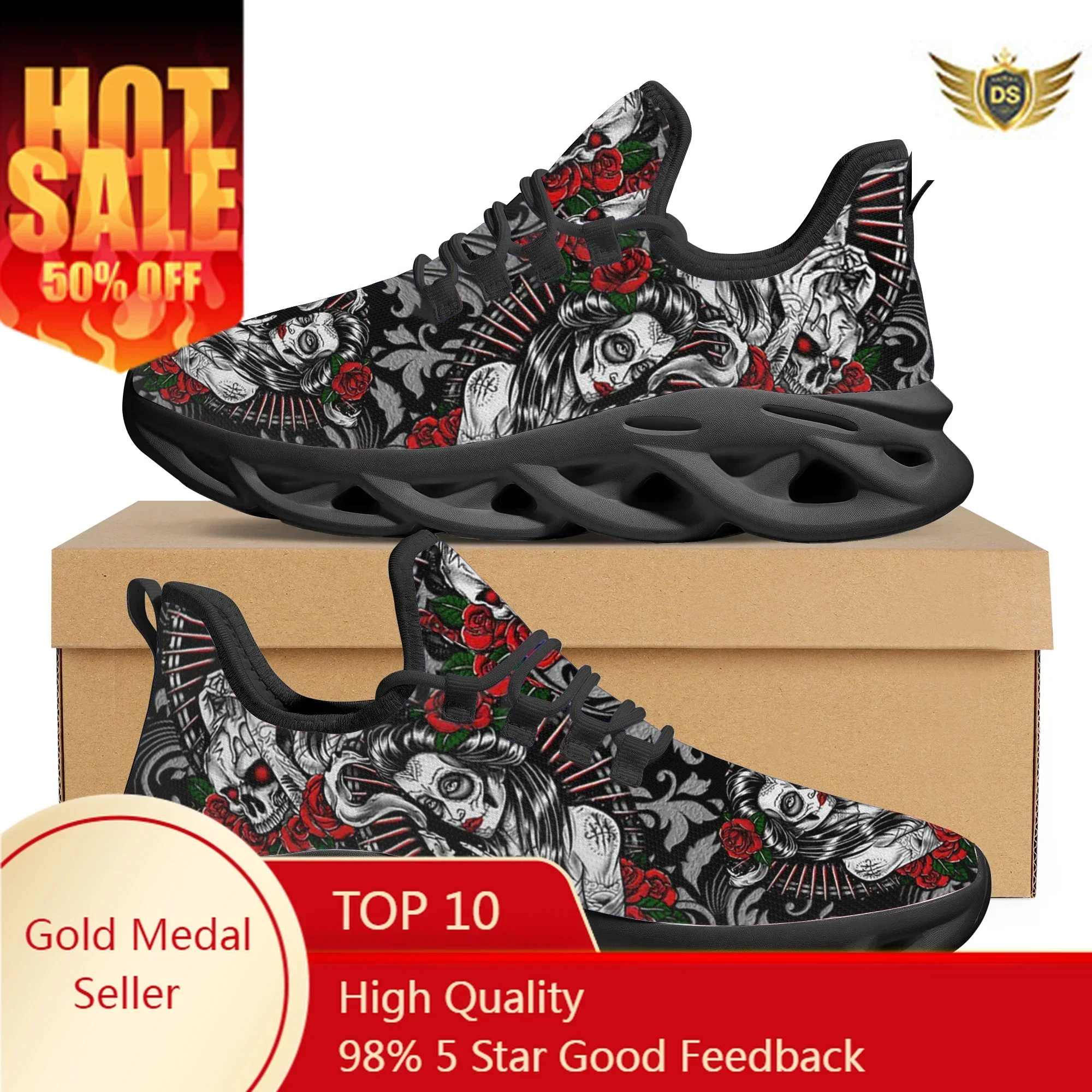 

Gothic Rose Skull Girls Brand Design Sneakers Summer Lightweight Lace Up Running Shoes Non-Slip Female Footwear Gift Zapatos
