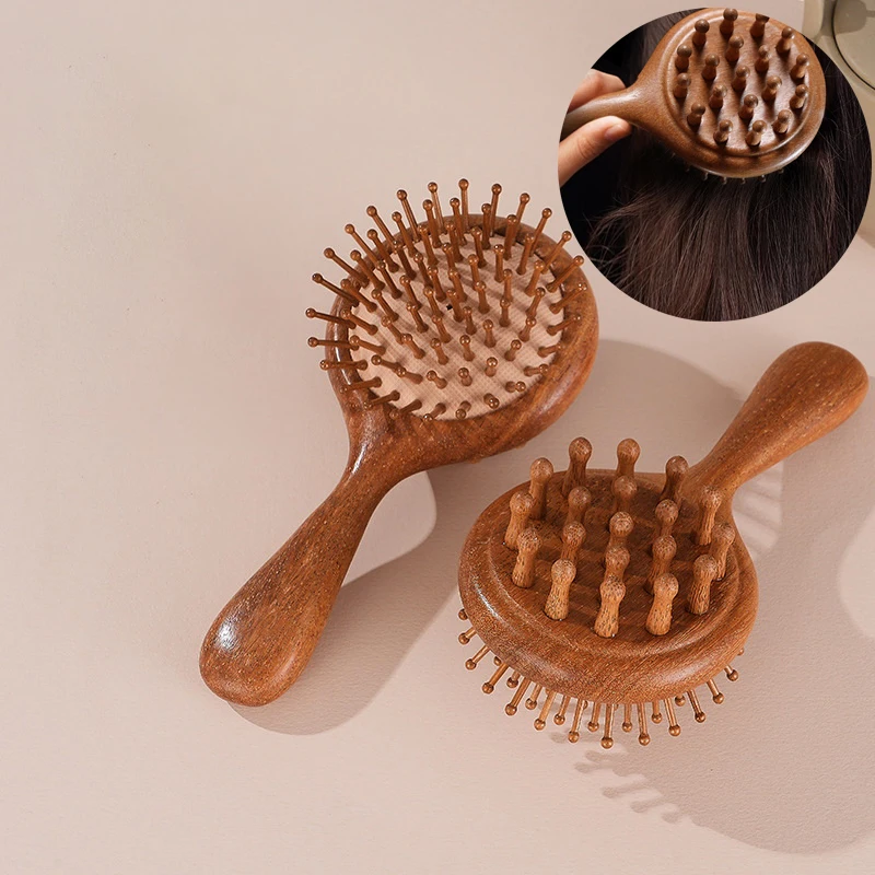 

Double-Sided Meridian Comb Scalp Therapy Massage Comb Head Caring Natural Sandalwood Round Handle Comb Scraping Body Massager