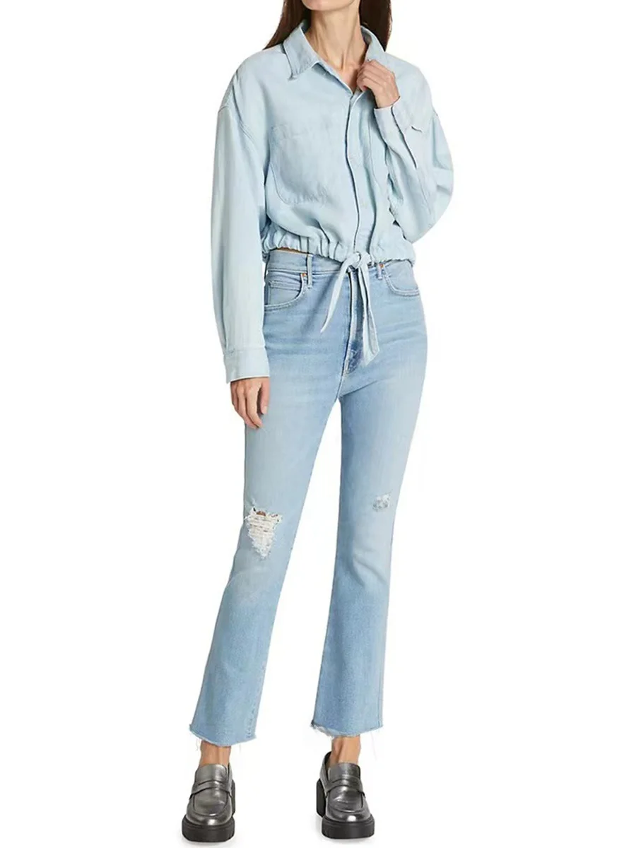 

Summer New Style Slimming Light Blue Micro Flared Jeans Women's High Waist Cotton Stretch Denim Pants Torn Hole Butt Lifting
