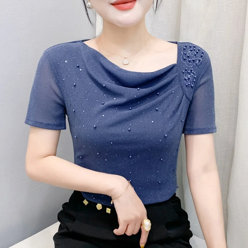 M-3XL Women's European T-Shirt Fashion Skew Collar Diamond Streetwear Short Sleeve Slim Tee Lady Summer New Mesh Tops