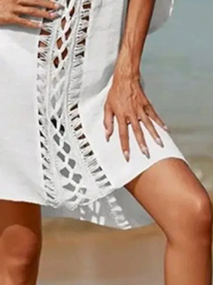 New Bikini Cover Up Women Beach Cover-Ups Hollow Out Solid See Through V-Neck Beach Dress Summer New Fashion Female Beachwear