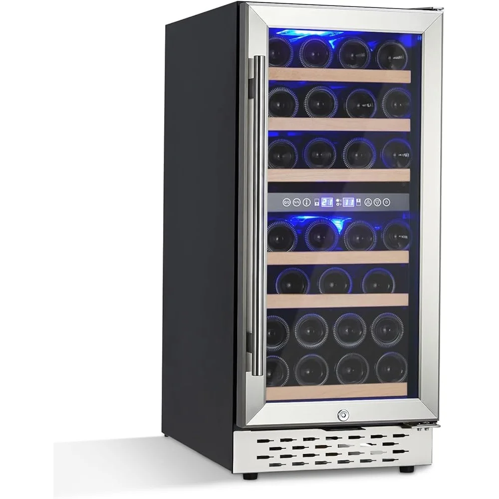 ثلاجة نبيذ صغيرة 28 زجاجة ضاغط مزدوج للتحكم في درجة الحرارة مبرد نبيذ مدمج قائم بذاته خزانة تخزين مدمجة LED