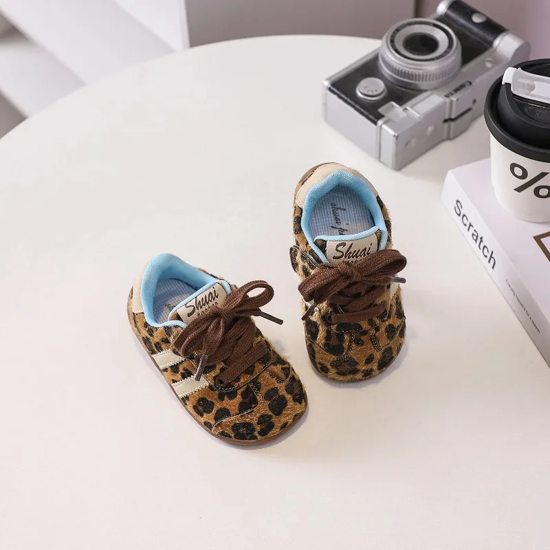 Autumn New Baby Genuine Leather Casual Shoes Boys Soft Anti-slip Sport Shoes Girls Cute Leopard Print School Sneakers