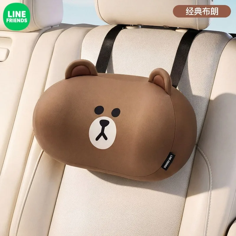 Neues Line Friends braunes Auto-Nackenkissen mit hohem Farbwert, Cartoon-Puppen-Print, niedliches Paar, schlicht, vielseitig, für alle Jahreszeiten geeignet, Kopfstütze – Detail 5