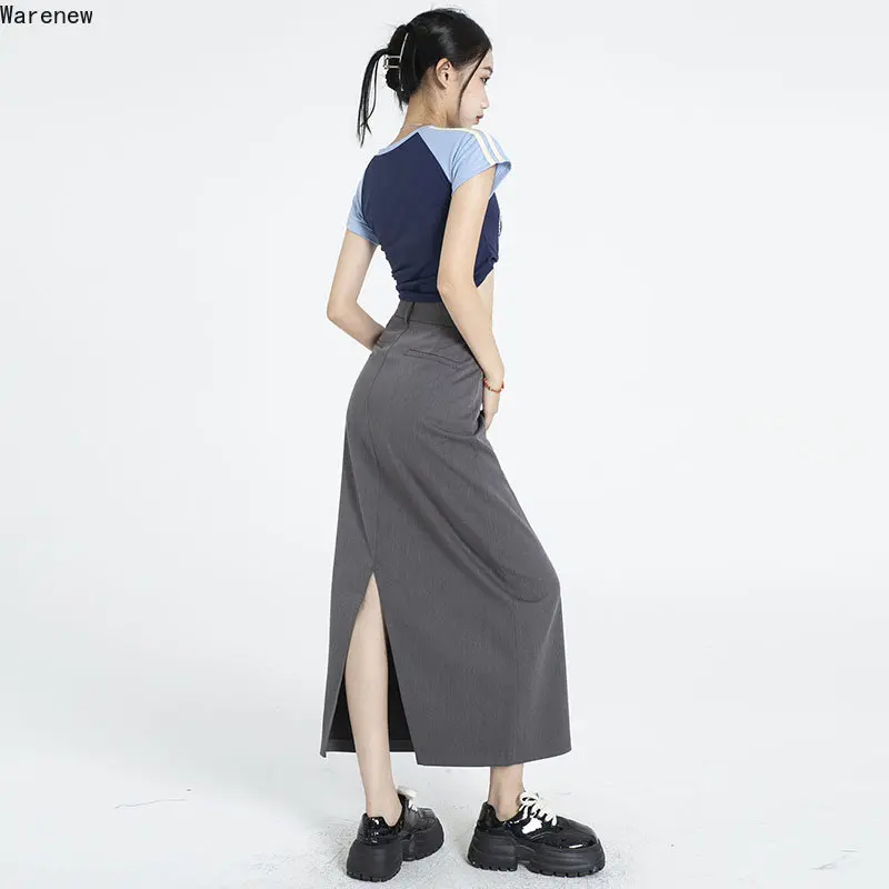 2023 Autumn Office Lady Korea Style Solid Color Soft Mid Long Skirts Women Vintage High Waist Loose Streetwear A-Line Suit Skirt