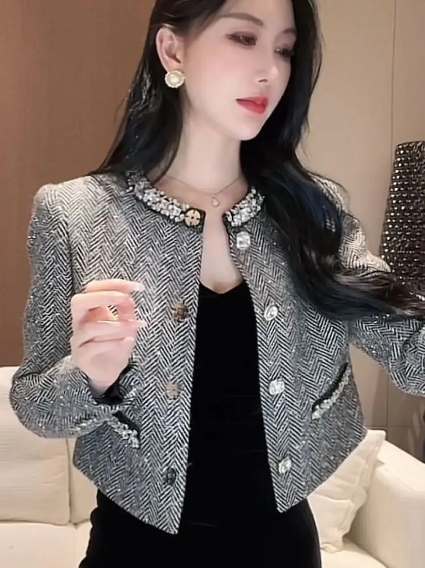  Short Quilted Jacket Women's Elegant Heavy Embellished Long Sleeve Perfume Style Fashion Early Autumn New Arrival
