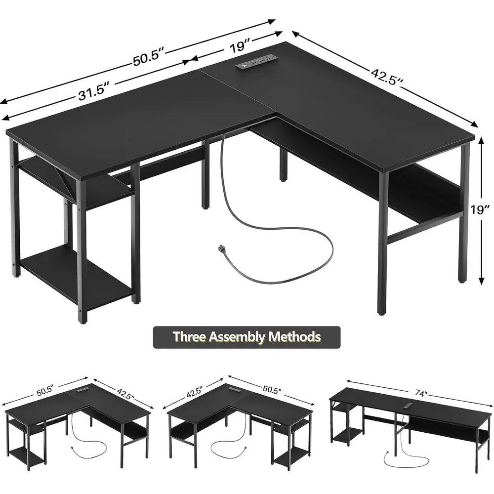 Reversible L Shaped Computer Desk with Magic Power Outlet, Sturdy Office Corner Desk, L Shape Gaming Table with Storage Shelf, B