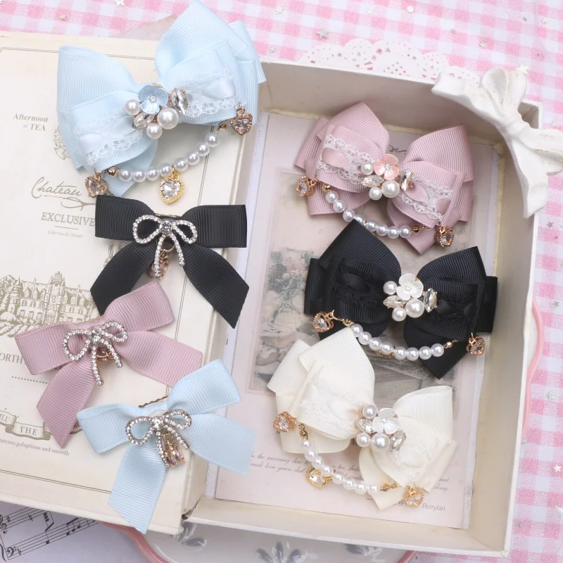 

Ручная работа, 1 пара, заколка для волос в стиле Лолиты, ленты, банты, украшение для волос, цветы, украшение для волос, женская цепочка с жемчугом, сердце, декор со стразами