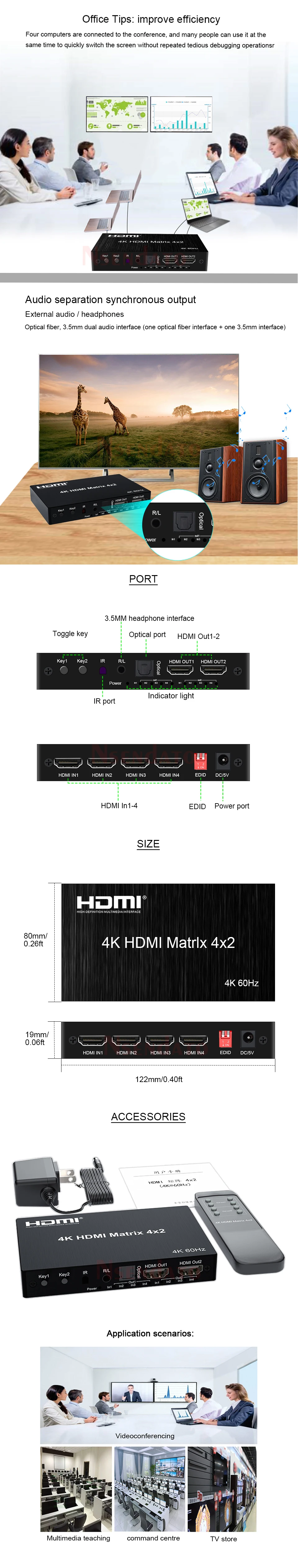 4K 60Hz HDMI True Matrix 4x2 4-in-2-out HDMI-Matrix-Switch-Splitter-Konverter mit EDID optisch für PC, PS4 zu TV/Monitor – Detail 4