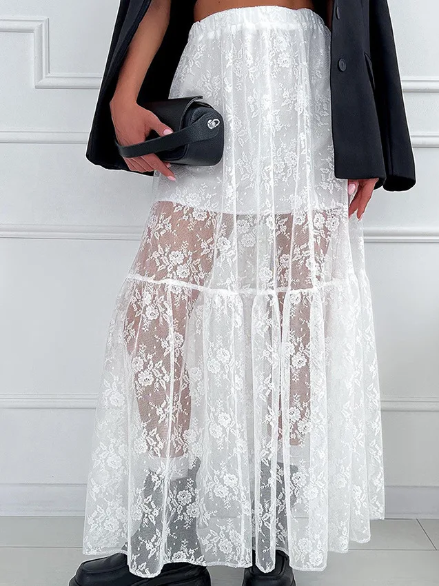 Jupe longue en dentelle pour femmes, ample et décontractée, taille haute, ligne a, longueur au sol, robe à gros volants, Collection d'été