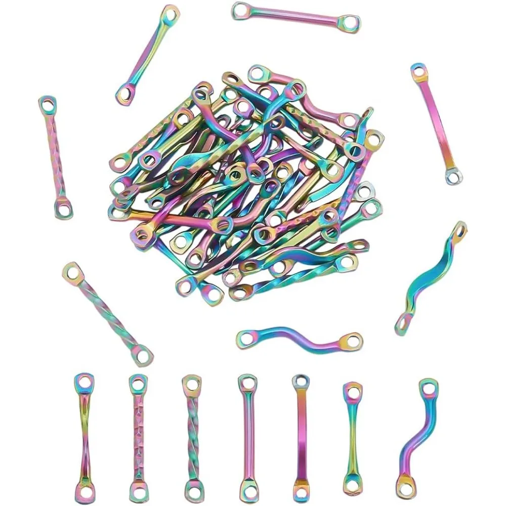 

7 Styles 42pcs Bar Link Connectors Rainbow Color Twisted Bar Link Charms Stainless Steel Connector Charms Curved Bar Link