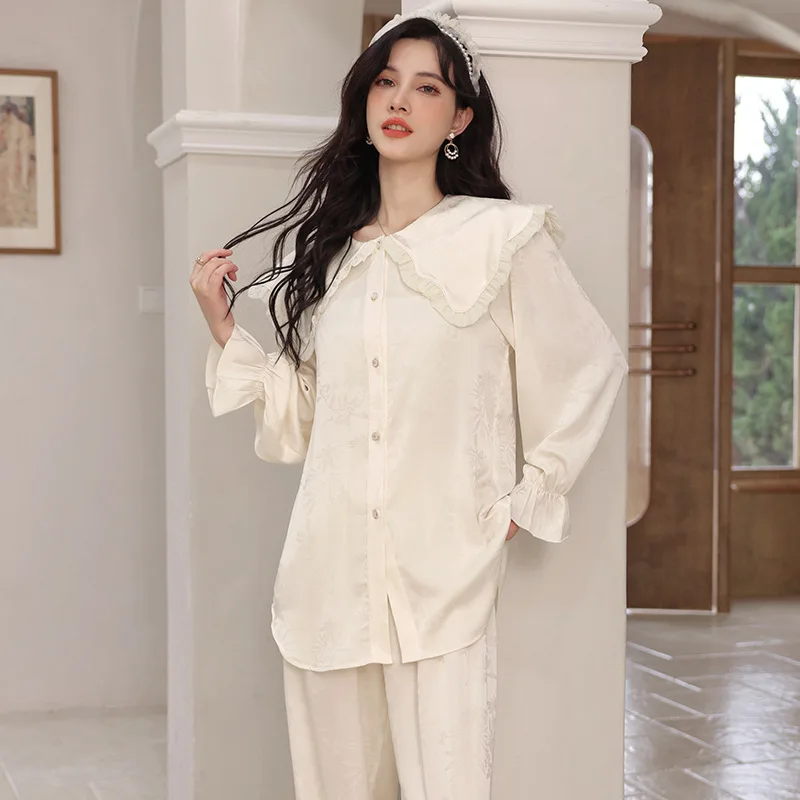 Ensemble de pyjama en satin jacquard pour femme, col beurre doux, manches longues, surintendant, imbibé, taille élastique, vêtements pour la maison, vêtements de salon