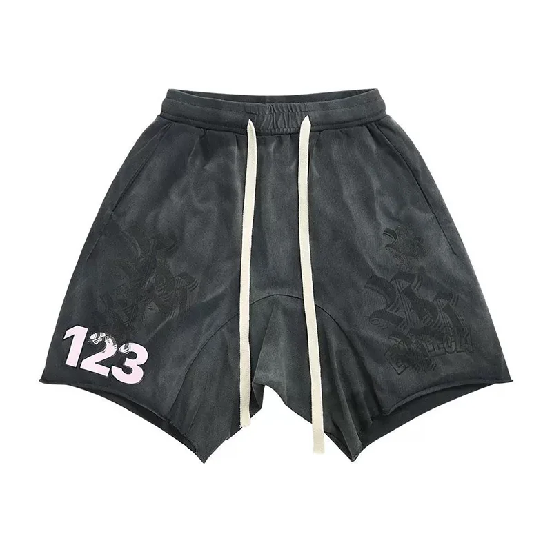 Black Sanskrit Printing Vintage Washed Breeches Men Women Jogger Drawstring Best Quality Cotton Spliced RRR123 Shorts With Tag