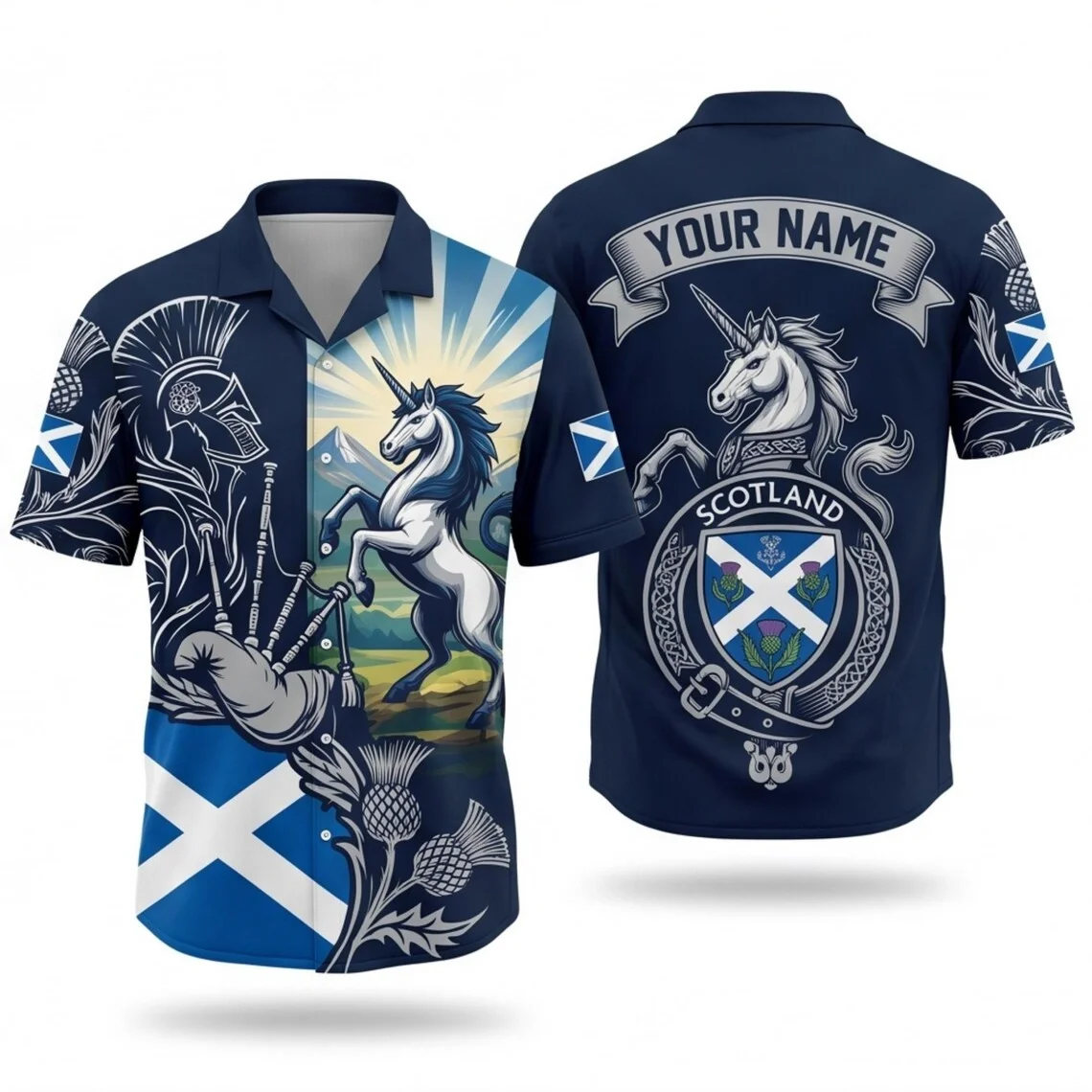Scotland Hawaiian Shirts Trio, Navy Soccer Fan Outfit, Unicorn Flag Highland Mountain Vacation Gift Match Party Travel Wear Fans