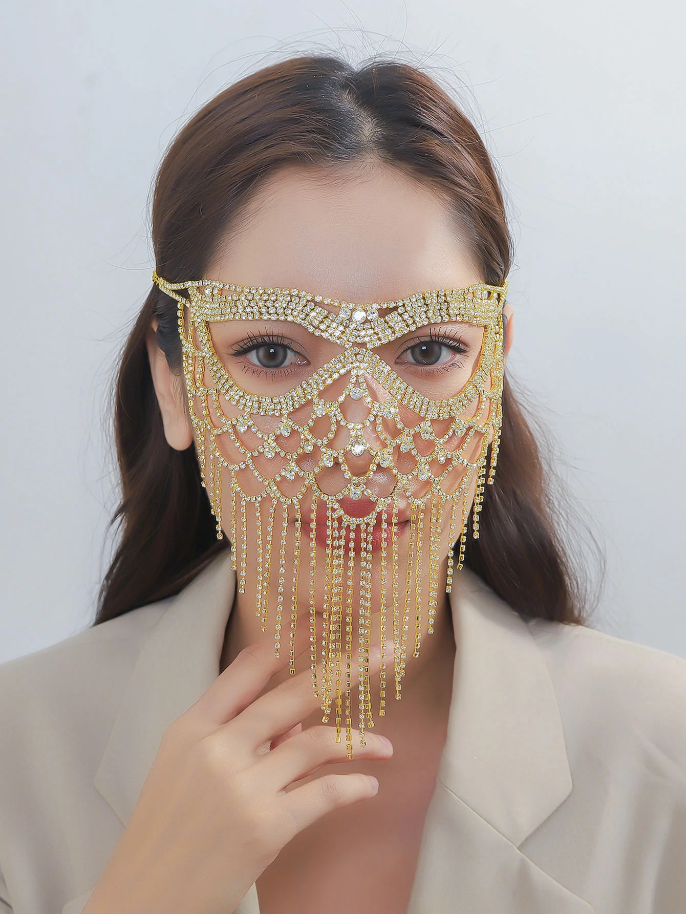 Personalized exaggerated hollow full diamond tassel mask fashion light luxury Halloween ball music festival accessories masks