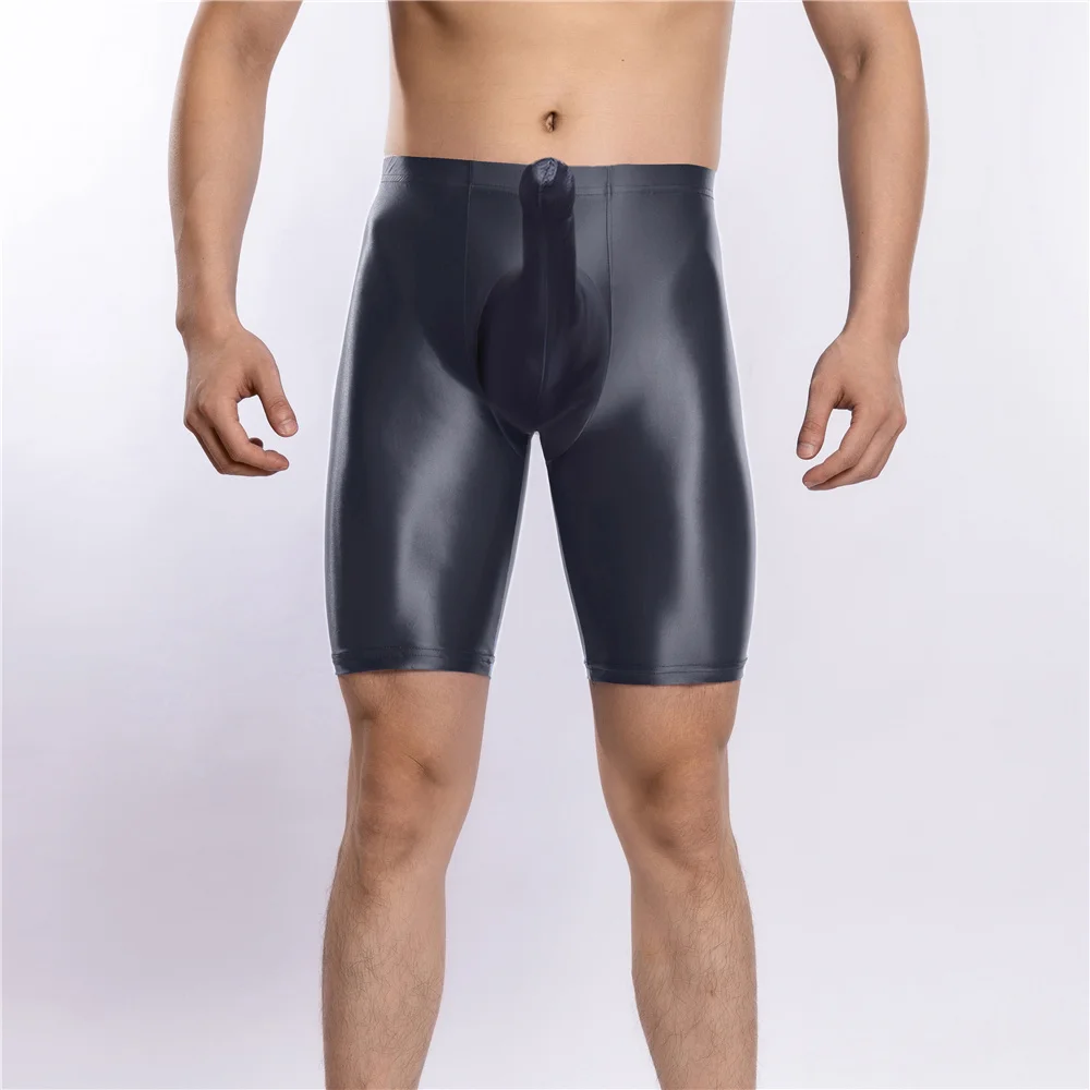 Sexy Men Satin Smooth Boxer Leggings COCK Ring Elastic Short Oil Glossy Shiny Fitness Shorts U Convex  Pouch Bottom Wear