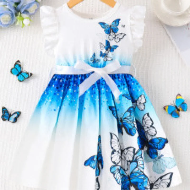 

INSSummer dress for young girls with round neck, pullover style, butterfly and star print, and cute flutter sleeves