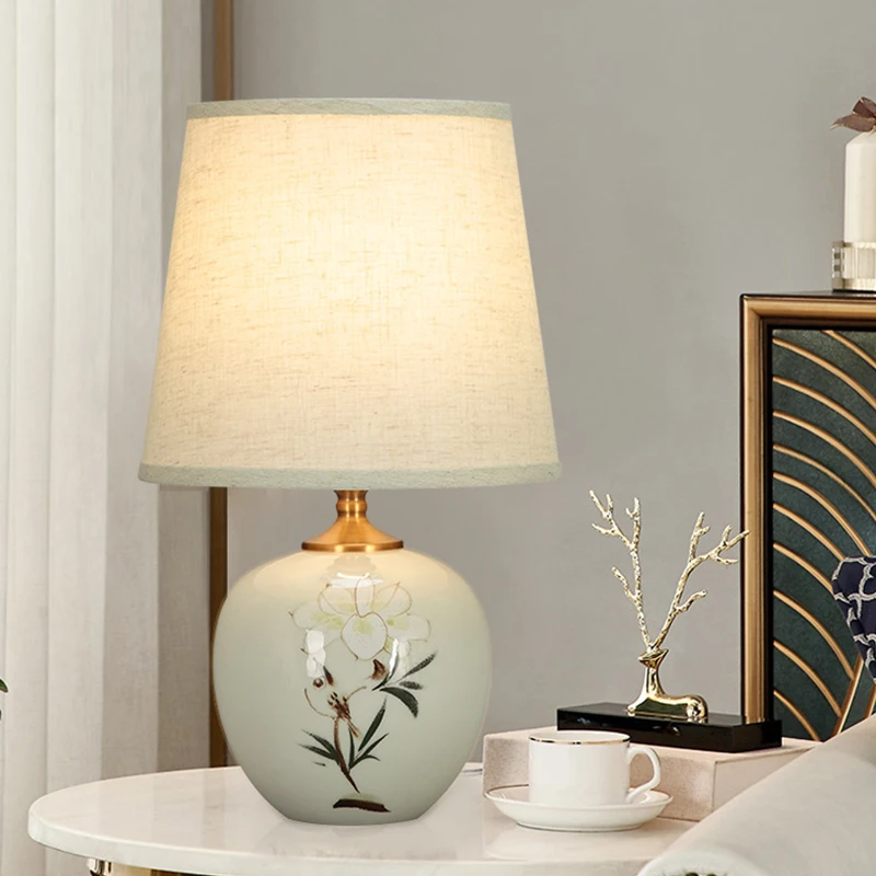 BERTH Ceramic Table Lamps Chinese for Bedside Modern White LED Dimming Desk Light For Home Living Bedroom Decor