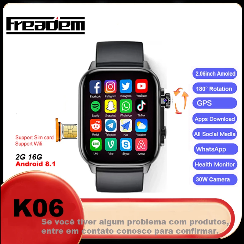 K06 Smart Watch 4G for Men Women 49mm Amoled Screen 16G APP Download GPS WIFI Camera Support SIM Card Android System Smart Watch