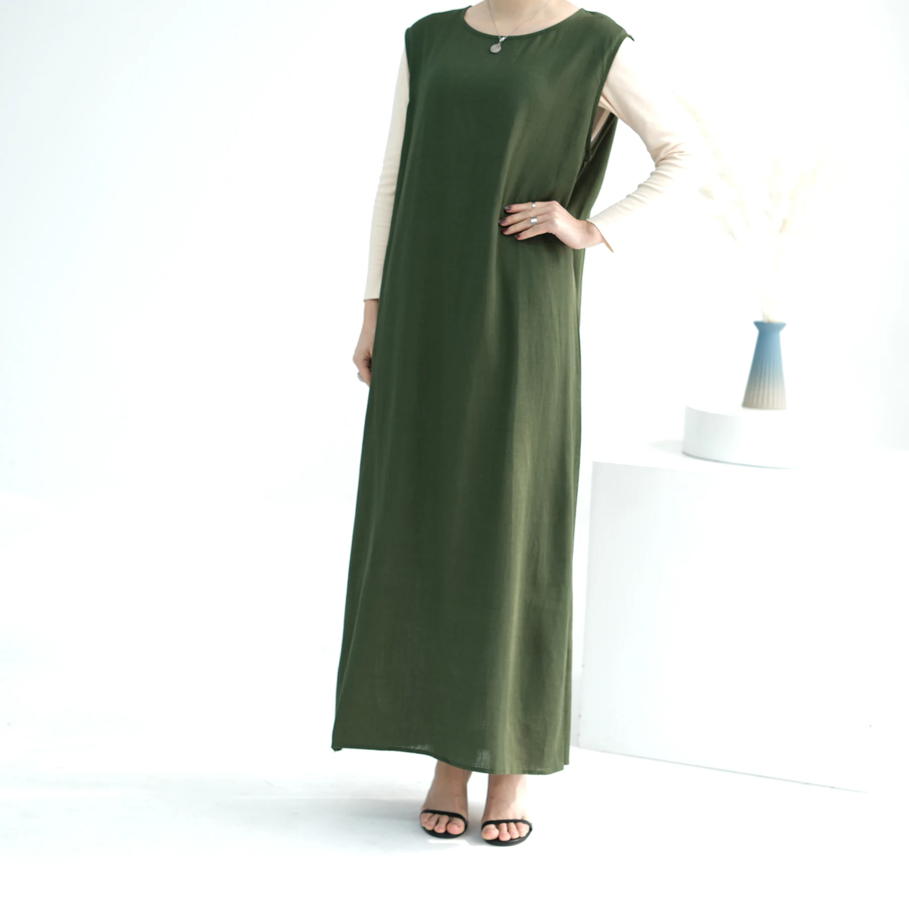 Women Sleeveless Maxi Dress Muslim Under Abaya Dubai Turkey Kaftan Eid Ramadan Islamic Clothing Arabic Robe Bottoms Abayas Gown