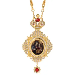 Pectoral Jesus Cross Necklace color Zircons Crystals Orthodox icon Christian Golden Priest Crucifix Long Chain Religious Crafts