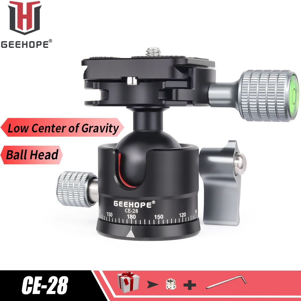 Low Profile Tripod Head Geehope CE-28 360° Panoramic Metal Ballhead for DSLR Camera with Arca Swiss Plate 1/4