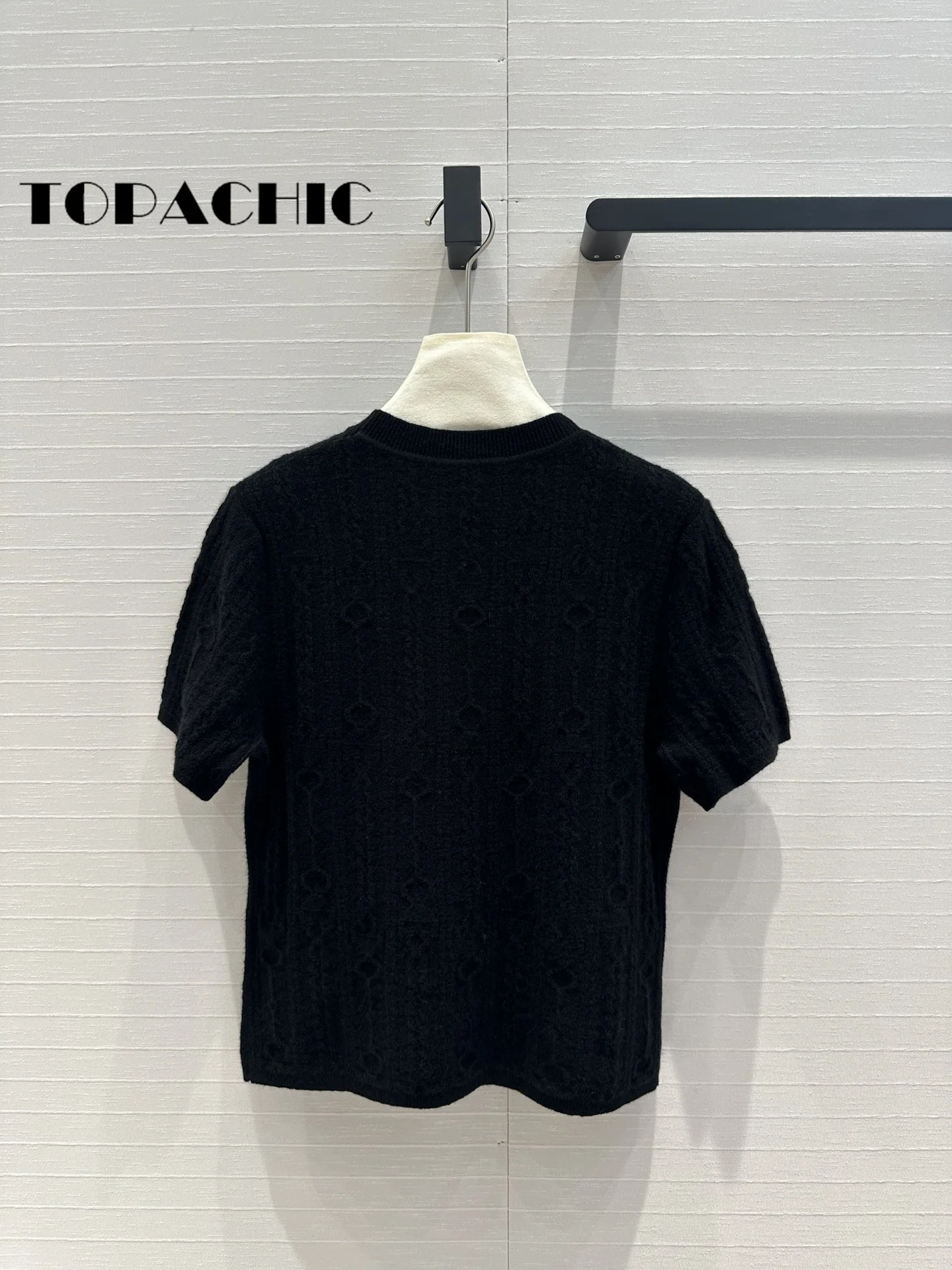 7.24 TOPACHIC-Women High Quality Cashmere Jacquard Short Sleeve Knitwear Top Solid Slim Pullover Sweater 2024 Early Autumn New