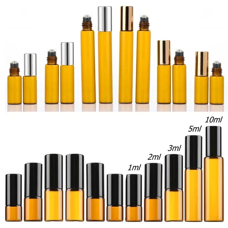 100Pcs 1/2/3/5/10ml Amber Glass Roll on Bottles Empty Refillable Essential Oil Container Portable Travel Perfume Vial For Liquid