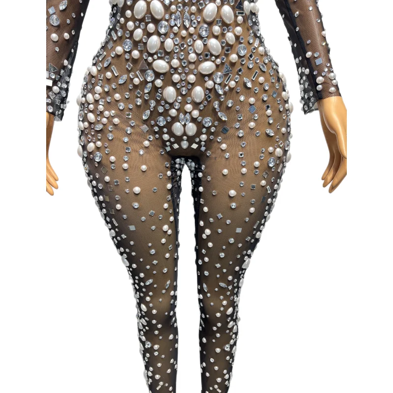 Black Mesh Elastische Jumpsuit Volledige Rhinestones Pearl Turnpakje Sexy Nachtclub Bar Zanger Paaldansen Kostuum Party Show Stage Wear