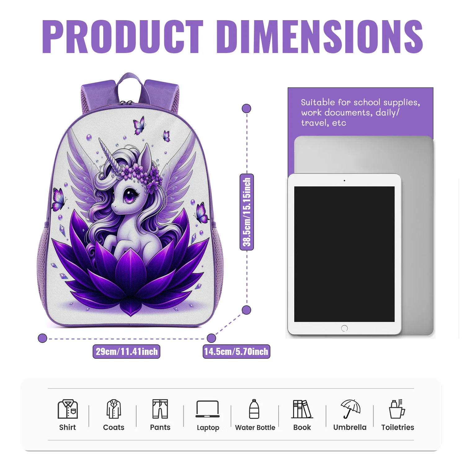 Elegant Purple Unicorn Backpack Lightweight School Bookbag with Flower Butterfly Crystal Wing Print Adjustable Padded Straps