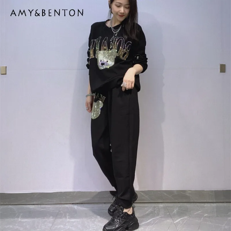 

American Retro Style Casual O-Neck Coat Loose Rhinestone Versatile Hoodies Pants Outfits Women's Sweatshirt Set Autumn Clothes