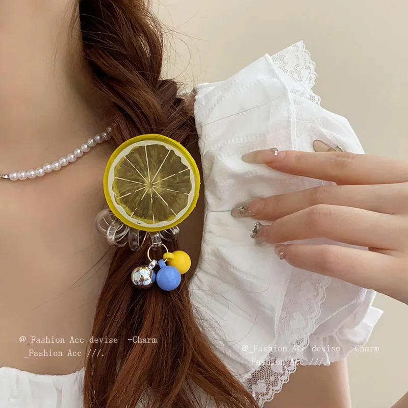 Round lemon slice telephone line hair loop, small fresh and sweet ponytail hair rope, girl heart, summer versatile hair