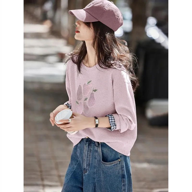 Felpa Blu Navy da Donna, Stile Casual con Motivo a Frutta, Maniche Lunghe, Effetto Due Pezzi, Polsini a Quadri