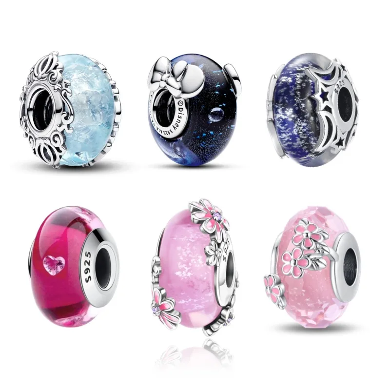 

925 Sterling Silver Sparkling Blue Glass Beads with Petal Design Charm Fit Original Bracelets Necklaces Jewelry For Women
