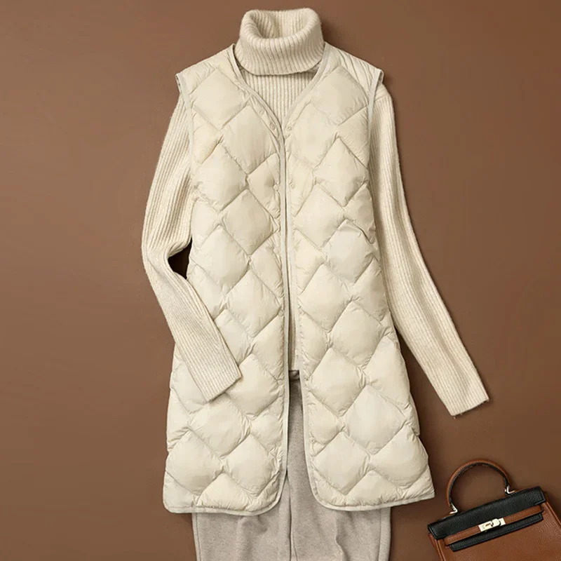 ERFRWQ Autumn Quilted Duck Down Vest Ultra Light Thin Jacket Women Winter Feather Long Warm Basic Casual  Waistcoat FF998