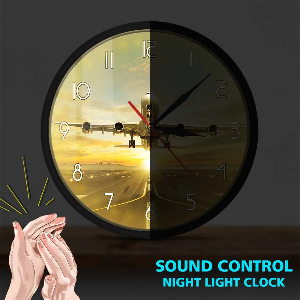 Huge Two Storeys Commercial Jetliner Metal Frame Wall Clock Silent Airplane Taking Of Runway In Dramatic Sunset Watch Home Decor