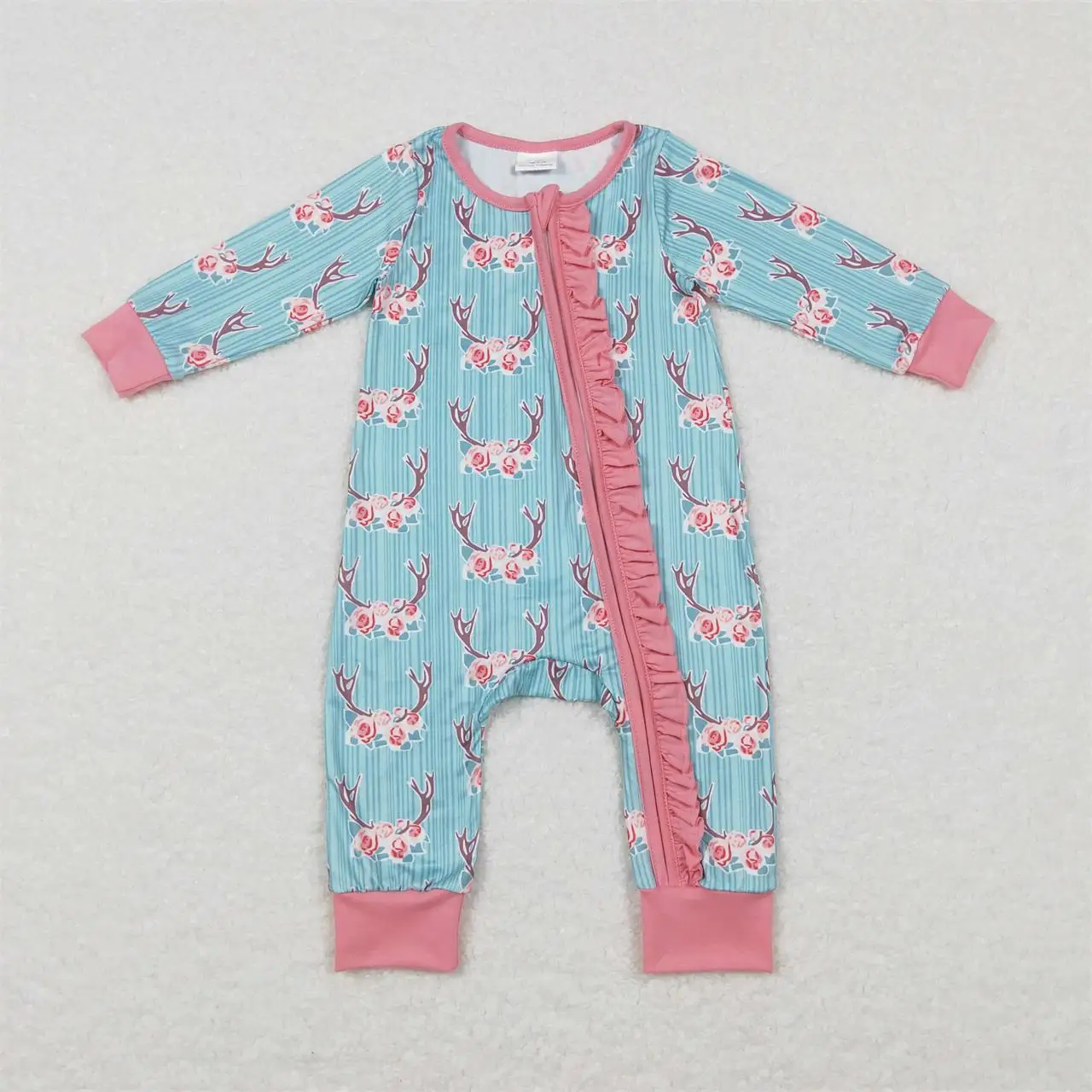 

Wholesale Kids Newborn Long Sleeves Ruffle Stripes Jumpsuit Children Toddler One-piece Romper Baby Girl Deer Floral Clothing