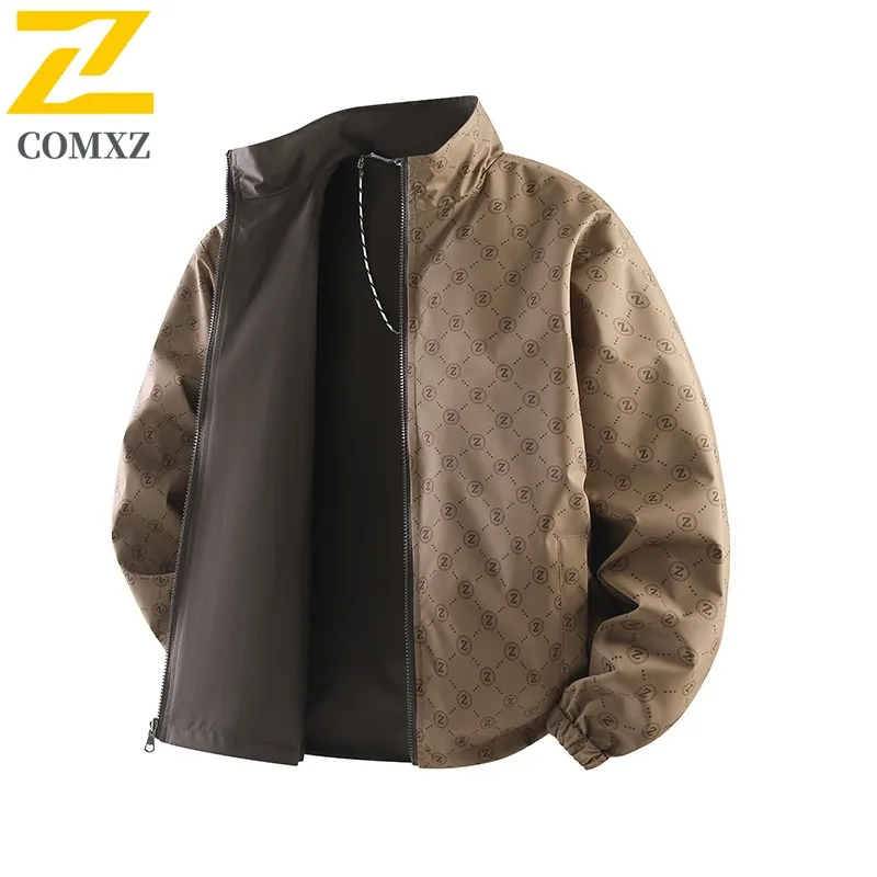 COMXZ 2025 Mens All Over Print Stand Collar Reversible Jacket Spring Autumn Casual Cardigan Simple Solid Color Trendy Coat