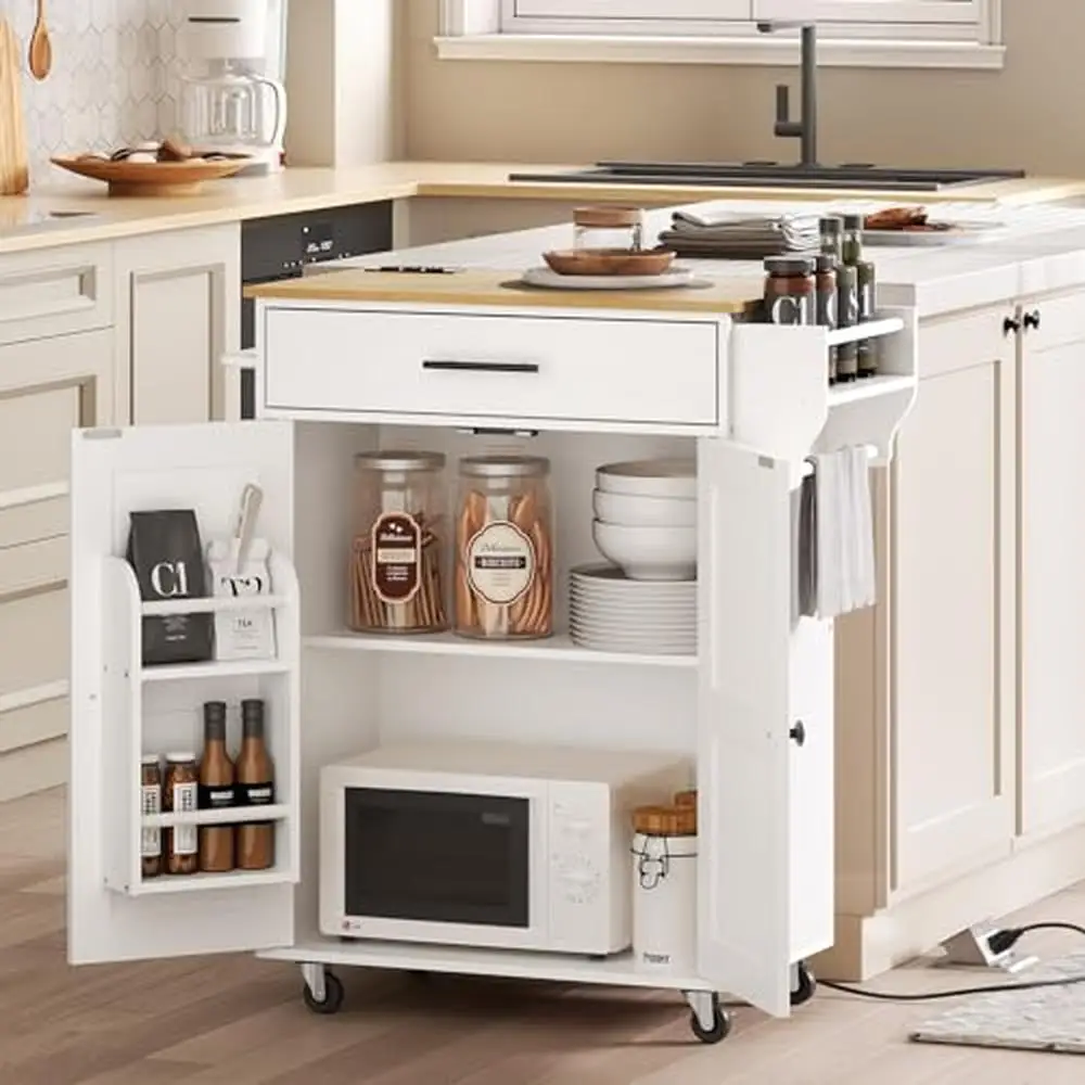 Kitchen Storage Island with Power Outlet Large Worktop Spice Rack and Drawer Rolling Cart on Wheels Adjustable Shelf Farmhouse