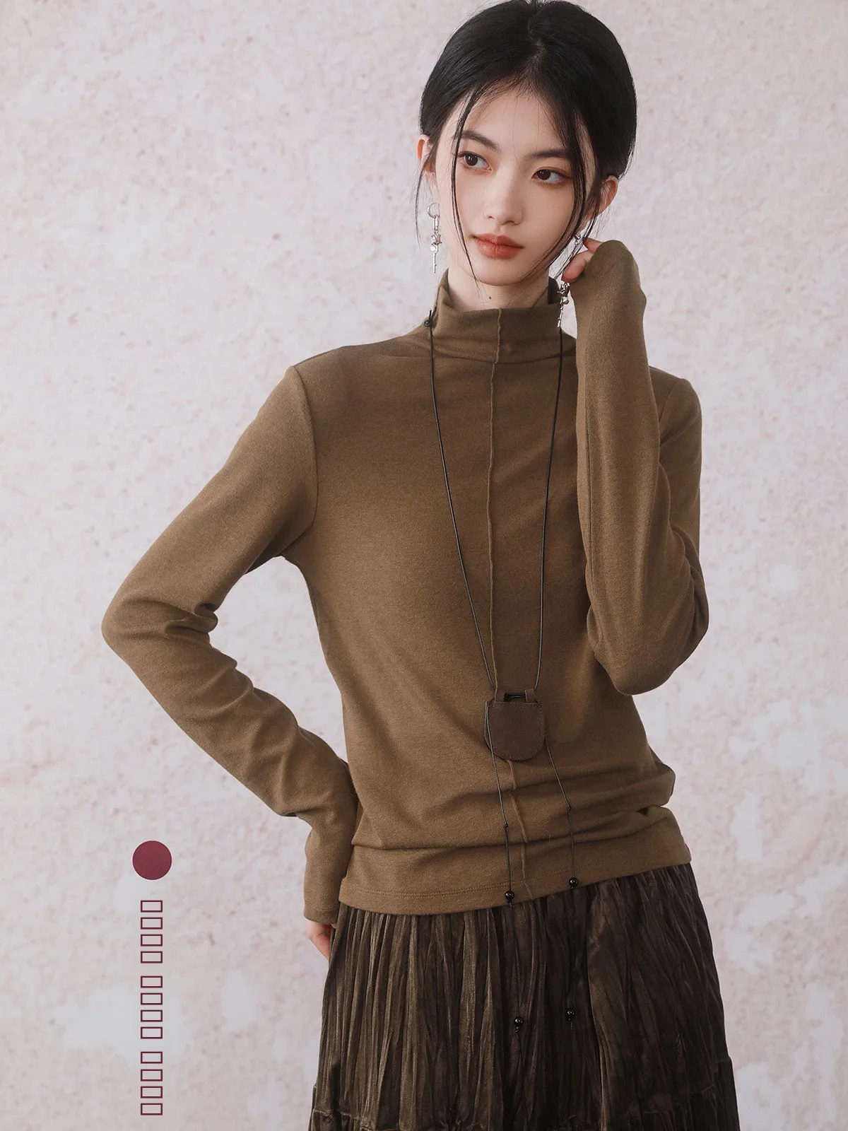 

Женский топ INGKO с круглым вырезом, длинным рукавом, в стиле пэчворк, с высоким воротником, из премиального хлопково-шерстяного смесового материала