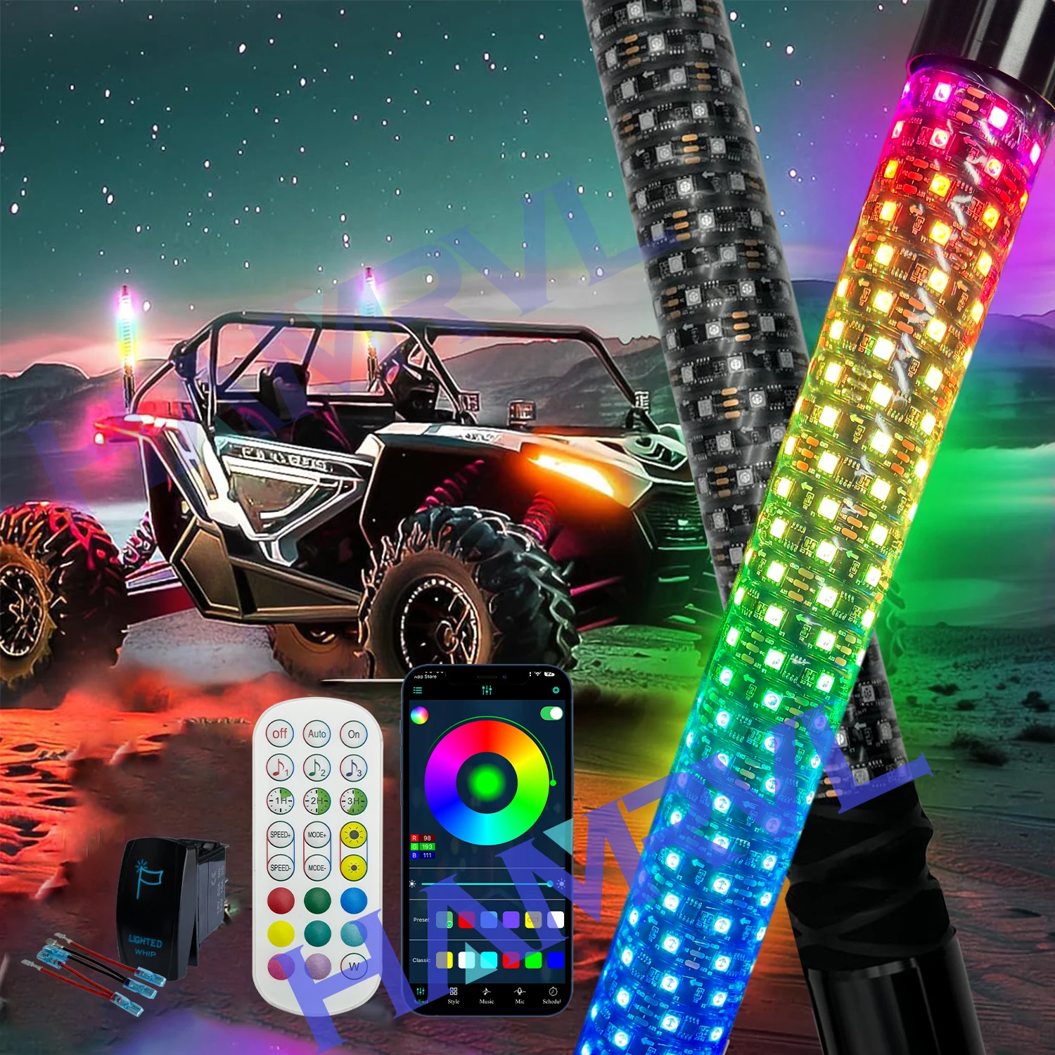 2FT RGB LED Antenna For RZR SUV with Flag LED Fat Whip Lights App&Remote Control Spiral Lamp Off road and UTV RZR Accessories